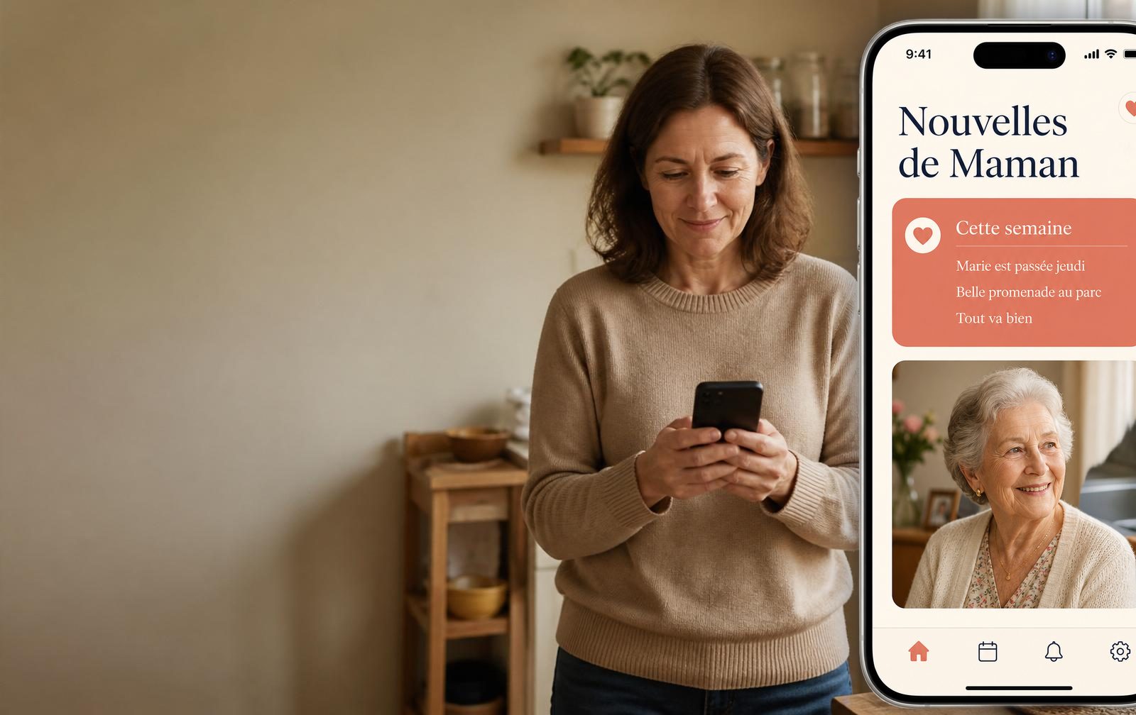Camille, 50 ans, aidante, consulte des nouvelles de son parent depuis sa cuisine