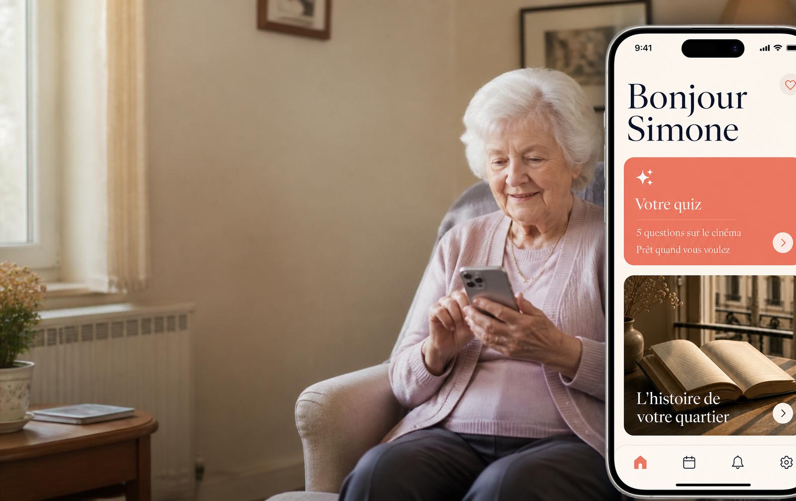 Femme âgée aux cheveux blancs, lisant un livre dans son fauteuil, chez elle
